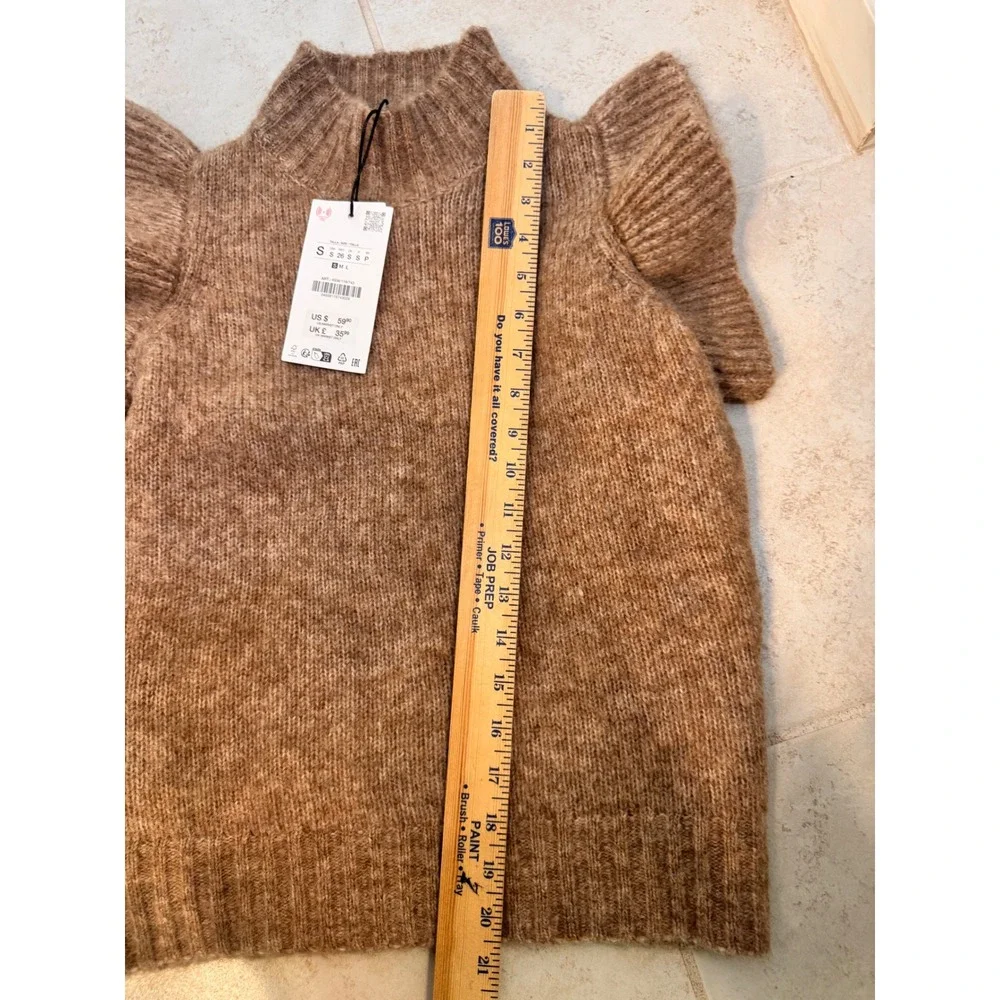 Zara Brown Wool Alpaca Blend Ruffle‎ Sleeve Knit Vest Sweater NEW S